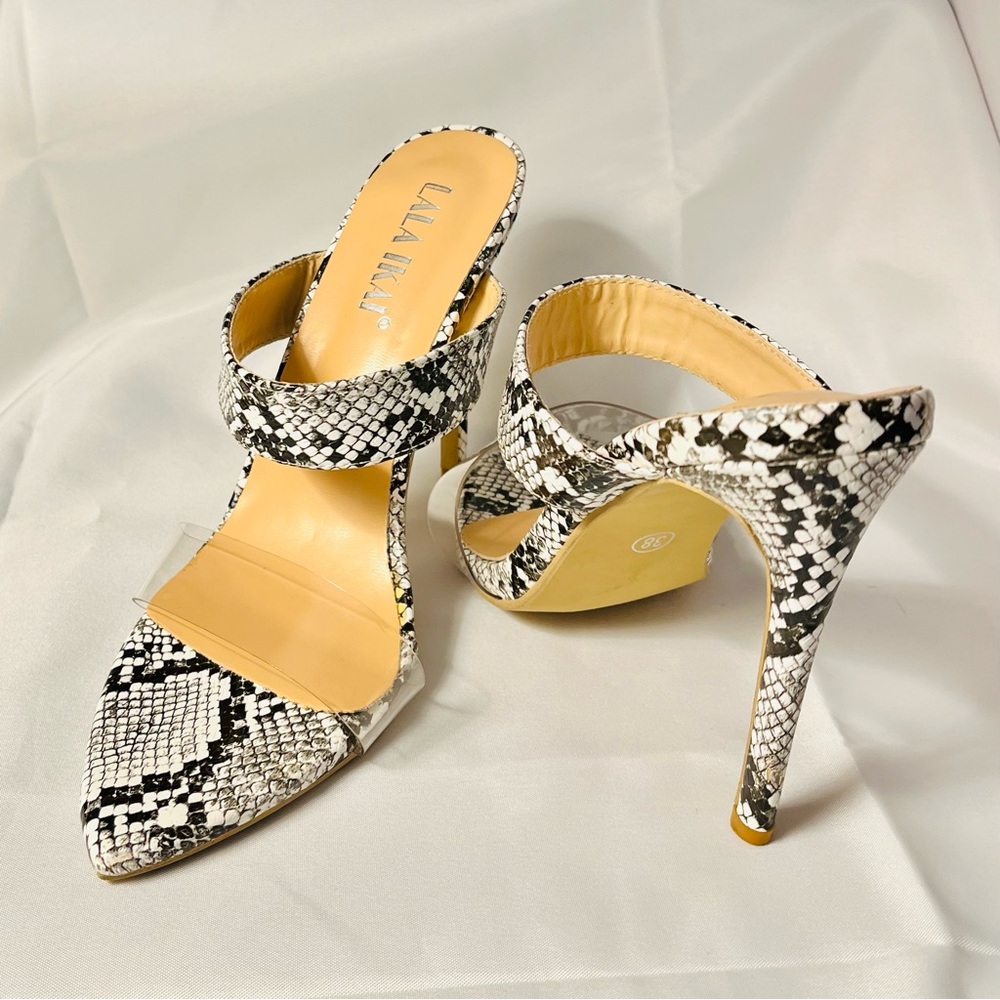 LALA IKAI Snake Print Strappy Sandals 4 Inch Heels Backless Womens SZ 38 US SZ 7